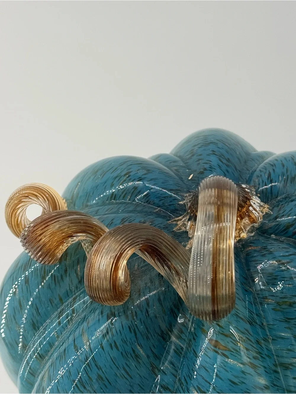Teal Glass Pumpkin Accent with Gold-Tone Curled Stem